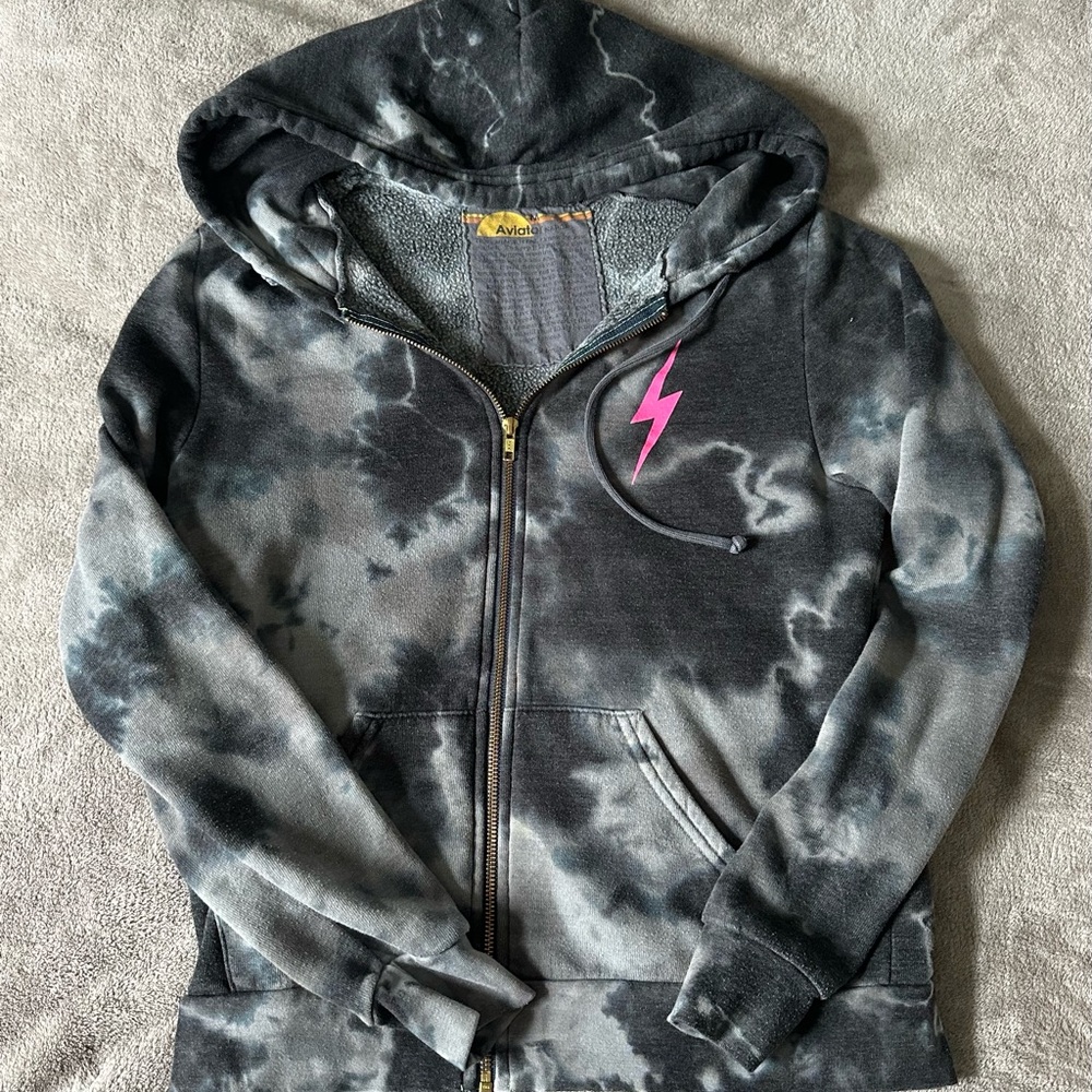 Aviator Nation Black Gray Tie-Dye Zip Hoodie with Pink Lightning Bolt
